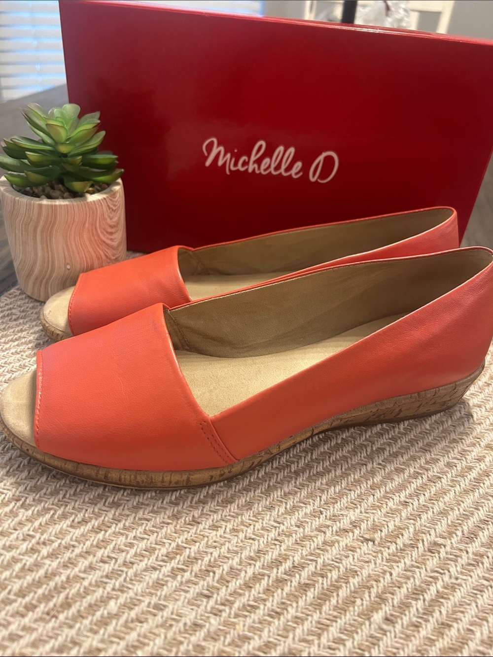 Michelle D “ELLENA” Coral Peep Toe Cork Wedges Size 8.5